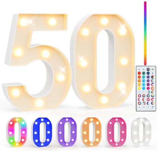 Pooqla 50th Birthday Decorations for Her Him, 35 Colors LED Light Up Numbers with Remote, Multicolor Marquee Numbers 50 Sign for Party Wedding Anniversary Decor 50th Birthday Gift, Number 50 by Pooqla