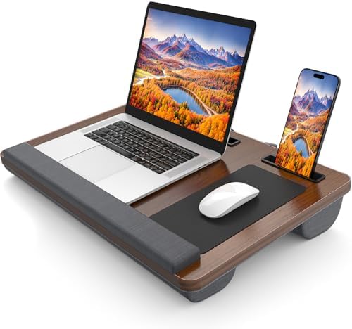 HETTHI Laptop Lap Desk, Portable Large Laptop Desk for Bed, Up to 17 in Lap Table with Wrist Rest, Mouse Pad, Tablet Phone Slot, Portable Handle, Lap Tray with Cushion (Dark Brown) by HETTHI