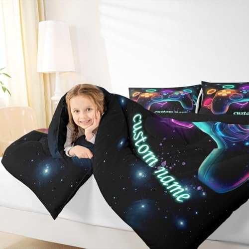 Erosebridal Customized Game Consoles Toddler Bedding Sets for Boys, Personalized Gaming Comforter Sets, Space Geometric Kids Comforter Set, Red Green Blue Teal, Game Room Decor, Gamer Gifts - Image 4