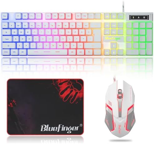 BlueFinger RGB Gaming Keyboard and Backlit Mouse Combo, USB Wired, LED Gaming Set for Laptop PC Computer Game and Work(White) by BlueFinger