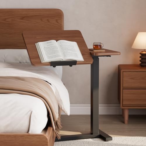 Solid Wood Overbed Bedside Table with Wheels, Tilting Adjustable Hospital Bed Table Over The Bed, Medical Mobile Laptop Stand, Rolling Standing Desk for Hospital and Home Use(Walnut) by Dongmuwujee