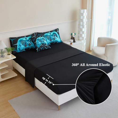 6 Pieces Queen Size Bed in A Bag Boys Game Console Bedding Sets Black Aqua Geometric Gamepad Comforter Set for Kids Gaming Bedding Set for All Seasons(Aqua, Queen) - Image 6