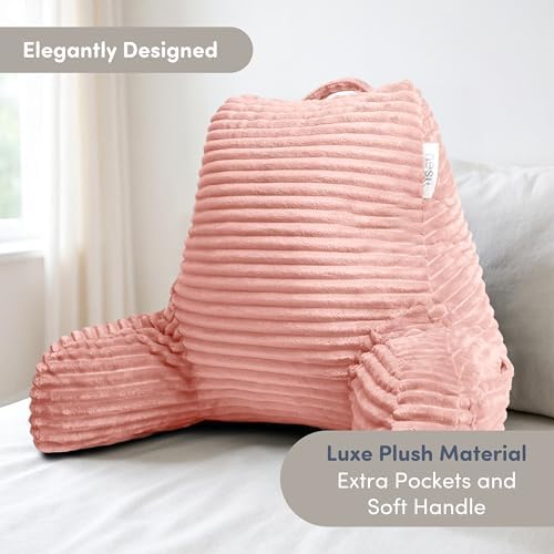 Nestl Reading Pillow with Shredded Memory Foam, Luxe Cut Plush Back Pillow for Sitting Up in Bed, Back and Arms Adjustable Support for Adult & Teens, Backrest Pillows with Washable Cover Peach Beige - Image 2