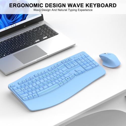 Wireless Keyboard and Mouse Combo, 2.4G Ergonomic Wave Keys(Sky Blue) - Image 2