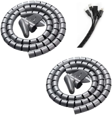 Spiral Cable Wrap with Clip,Dia.16mm Desk Cable Organizer Spiral for Wire Management,4.9Ft Flexible Wire Organizer with Wire Grip- Keep Office Cords Neat, Tangle-Free and Protected,Silver 2 Packs by Fogun
