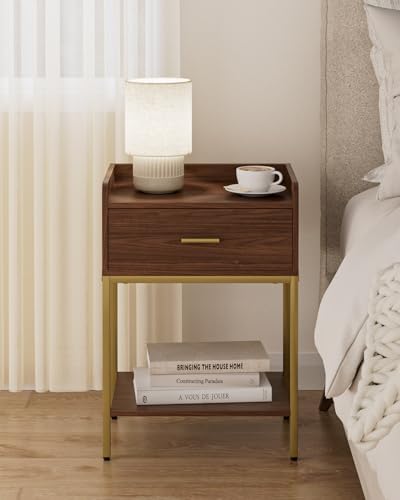 Masupu Nightstand, 3-Tier Modern Bedside Night Stand with Storage Drawer and Shelf, Small End Side Table for Bedroom, Living Room, Walnut - Image 3