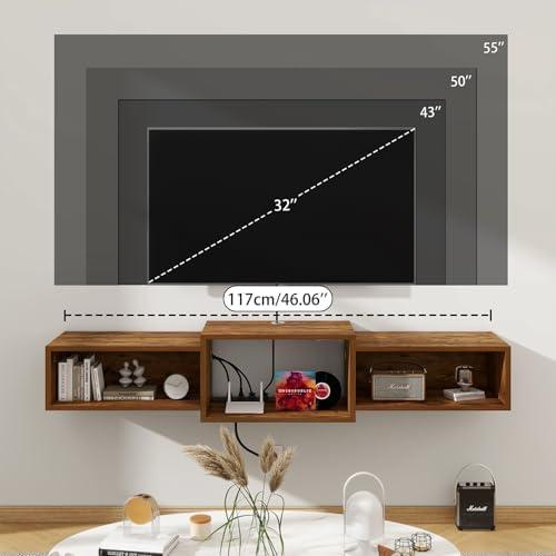 IBUYKE Floating TV Stand Wall Mounted with Power Outlet,Wood Wall Mounted Media Console Shelf,Floating Entertainment Center for Under TV Storage for Living Room Bedroom Office,Rustic Brown WST001H - Image 4
