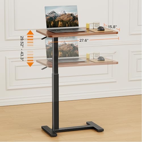 Simple Deluxe Adjustable Overbed Bedside Table with Wheels, Pneumatic Adjustable Hospital & Home Use Bed Table, Rolling Laptop Table, Mobile Standing Desk, Brown - Image 3