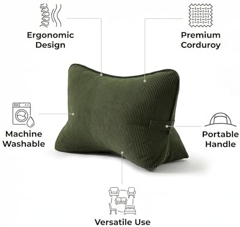 Pat. Pend. Corduroy Ergonomic Lumbar Support Pillow for Sitting Support, Triangle Back Cushion for Sofa, Armchair & Bed, Washable Cover, Avocado Green - Image 3