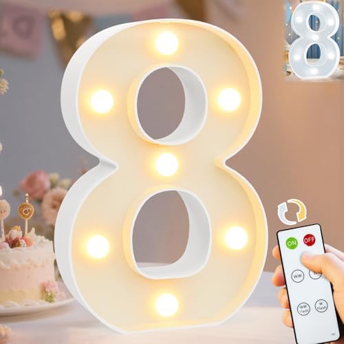 Pooqla LED Light Up Numbers, Marquee Number with Remote for 8th Birthday Decoration, Lighted Numbers Gift for Boys Girls Party Backdrop Wedding Anniversary Decor, Warm White and Cool White Number 8 by Pooqla