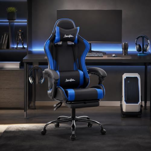 Gaming Chair Office Chair Desk Chair with Footrest Lumbar Support Headrest Armrest Task Rolling Swivel Ergonomic E-Sports Adjustable PC Gamer Chair (Blue) - Image 2