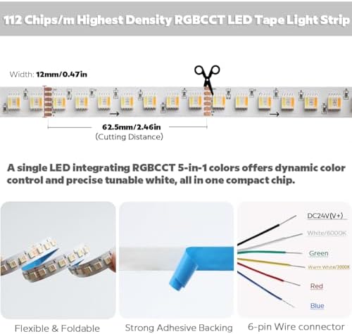 24VDC Highest Density 5-in-1 5050 RGBWW (RGB+Warm White+Daylight) 112LEDs/m Bright RGBCCT LED Strip 16.4FT Dimmable Tape Lights for Bedroom Decor (IP20 Non-Waterproof 12MM Width) - Image 2