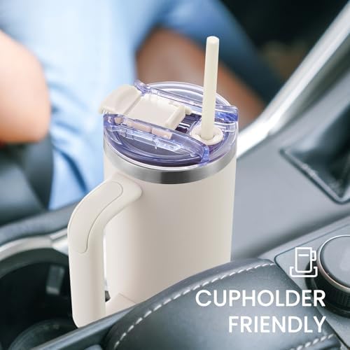 30 oz Tumbler with Handle, Tumbler with Lid and Straw, Double Wall Vacuum Insulated Travel Mug Stainless Steel Tumbler for Hot and Cold, Cupholder Friendly (Almond Birch) - Image 5
