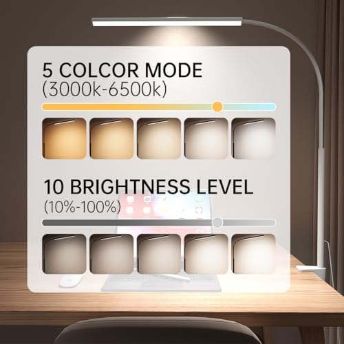 LED Desk Lamp with Clamp, 5 Color Modes & 10 Brightness Levels, Eye-Caring Desk Light, Flexible Gooseneck, Memory Function, Adapter Included for Home Office, Reading & Study - Image 3