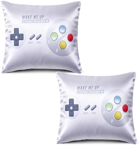 Pack of 2 Gamer Throw Pillow Covers 18x18 Inch, Satin Silk Feeling Decorative Pillow Cases with Hidden Zipper, Game Controller Design for Boys Room Sofa Couch Bedroom Decor by knIykmr