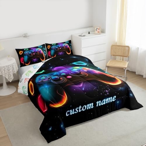 Custom Name Game Consoles Gaming Bedding Set Queen,Personalized Gaming Comforter Sets for Boys Space Glow Geometric Kids Comforter Sets Boys Red Green Blue Teal,Game Room Decor Kids Bedroom Decor - Image 6