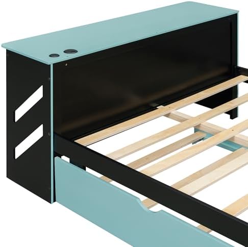 Bellemave Full Size Gaming Bed with Desk and USB,Full Bed with Trundle,Wood Platform Bed with Trundle for Girls Boys,Cloud Blue - Image 7
