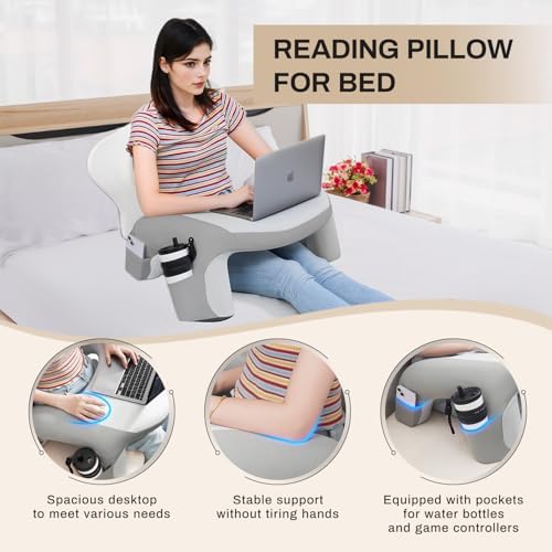 Reading Pillow for Bed, Lap Desk for Laptop, Memory Foam Arm Rest Support Gaming Pillow with Cup/Phone Pocket, Laptop Lap Desk for Working, Gaming, Reading on Couch Bed Floor- Grey - Image 6