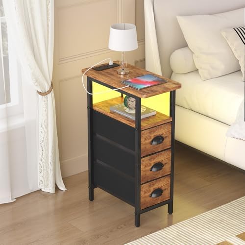 sthmec End Table with Charging Station,LED Side Tables with USB Ports and Outlets,Skinny Bedside Table with 3 Drawers,Small Nightstands for Small Space,Slim Sofa Table for Livingroom,Rustic Brown - Image 7
