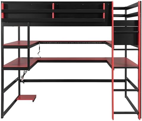 DNYN Gaming Loft Bed with Built-in Desk and Storage Shelves for Teens/Adults Bedroom, Space-Saving Full Size Wooden Bed Frame with LED & Side Race, No Box Spring Needed - Image 6
