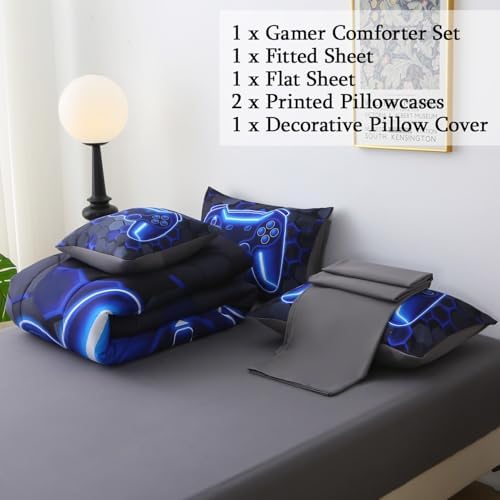 JQinHome Full Size Gaming Bedding Set 6-Piece Comforter for Boys Teens - 3D Video Game Print Bed in a Bag with Sheets, Blue Cool Black Design (Full) - Image 5