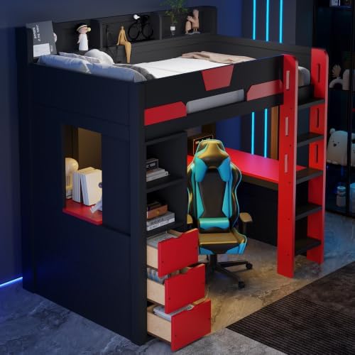 Merax Twin Size Wood Gaming Loft Bed with U-Shaped Desk, Lights & USB Ports by Merax