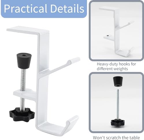 Desk Mount Bag Holder Hook Clamp-On Backpack Hanger Portable Desk Mount Headphones Holder Reduce Desk Clutter for Table Desk, Under Counter (White) - Image 4