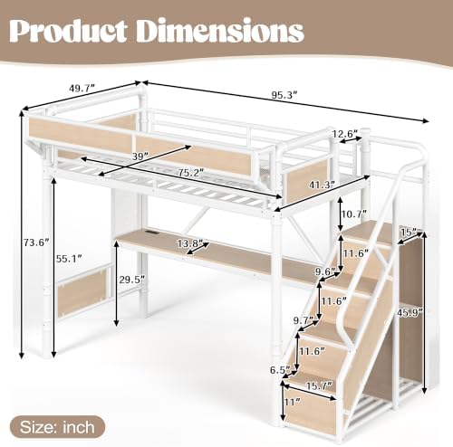 KEIKI Twin Size Metal Loft Bed Frame with Storage Staircase, Desk, White - Image 2
