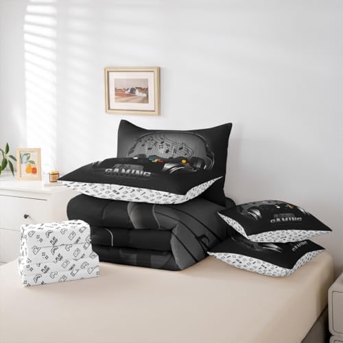 Feelyou Gaming Comforter Set with Sheets Headphones Game Controller 7 Piece Bedding Set Twin Size Black Grey Video Game Decor Music Melody Bed Set Gamer Bed in a Bag for Boys Teens Soft - Image 5