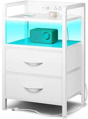 Lazzanto Nightstand with Rear Charging Station, LED Light, 2 Drawers, White by Lazzanto