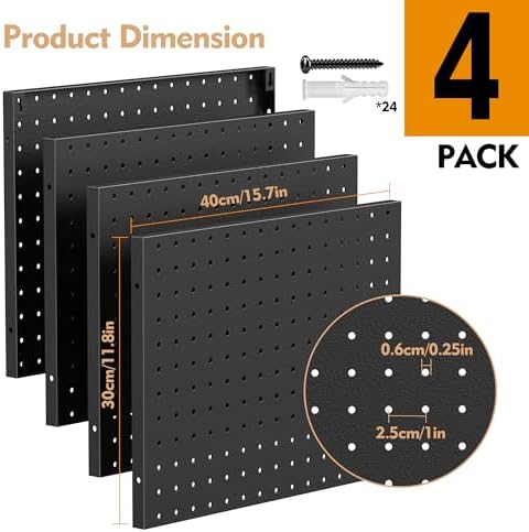 Metal Pegboard Organizer 4 Pack 15.7'' x 11.8'' Black Wall Control Pegboard Peg Board Panels for Garage Gaming Room Home Entryway Kitchen (No Accessories) - Image 6