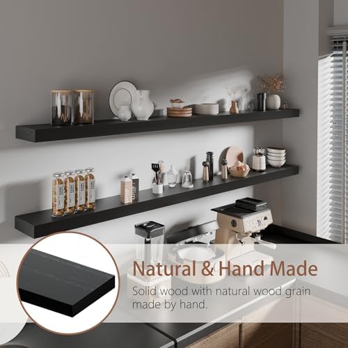 72 inch Long Floating Shelves for Wall,Solid Wood Long Wall Shelves Set of 2,Black Wooden Mounted Shelf,Bookshelf Bathroom Shelves (Black, 72 Inch) - Image 4