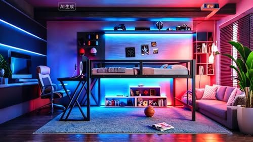 Bellemave Full Size Gaming Loft Bed with Desk, USB Ports & LED Lights, Metal Loft Bed Frame with Mesh Guardrails, Space-Saving for Dorms, Bedrooms, & Gaming Setups (Black/Full) - Image 7