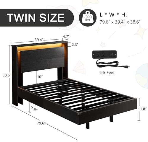 Einhomn Twin Bed Frames with LED Lights and Charging Station - Wood Floating Bed Frame with Storage Headboard, Adhesive Slats, Kick-Free & Noise-Free Design, Easy Assembly, Black - Image 2