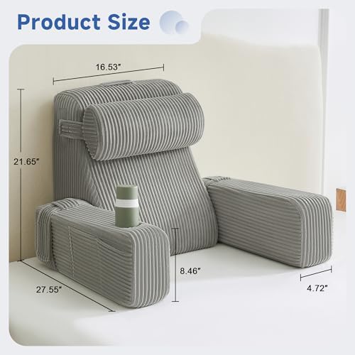 Reading Pillow for Bed, Back Pillow for Bed Sitting Up, Bed Pillows for Sitting Up with Adjustable Armrests, Cup Holder & Large Pocket, Backrest Cushion for Reading, Watching TV (Grey, 4PCS) - Image 2