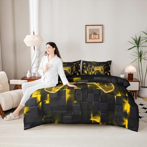 Erosebridal Gaming Comforter Sets for Boys, Video Games Bedding Set 7-Piece King Size | Modern Gamer Sheet Sets with Comforter Teens Gamepad Ombre Square Bed in A Bag, Yellow - Image 6