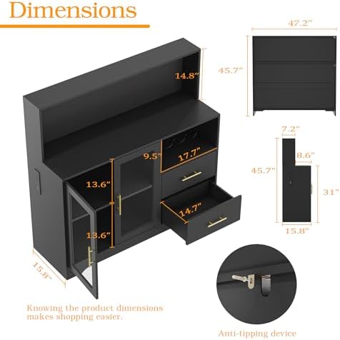 Home Bar Cabinet with Adjustable RGB LED Light, Wine & Coffee Storage with Rack & Drawers, Charging Station, Modern Liquor Cabinet for Living & Dining Room, All-in-One Wine Bar Cabinet (Black) - Image 2