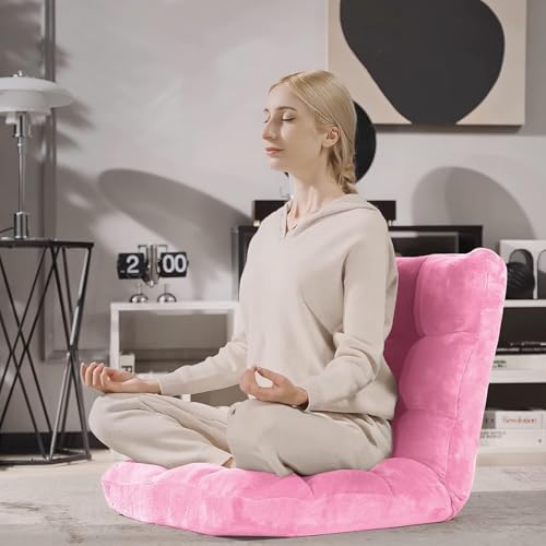 14-Position Lazy Sofa Chair with Soft Coral Fleece, Folding Gaming Chair, Couch Recliner, Floor Seat for Reading, Meditating, Yoga, Gaming (Pink) - Image 2