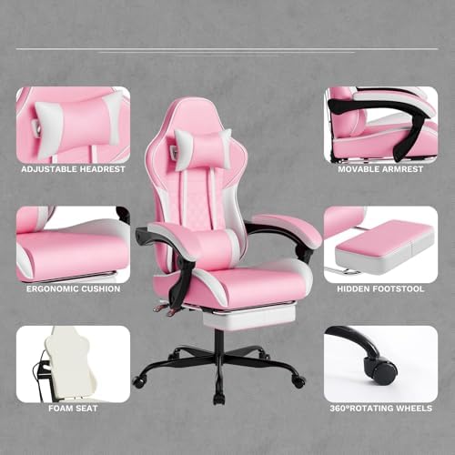 Pink Ergonomic Video Gaming Chair | Massage Lumbar Support, 90°-135° Reclining with Footrest, Adjustable Height 360° Swivel PU Leather Office Chair for Adults - Image 6