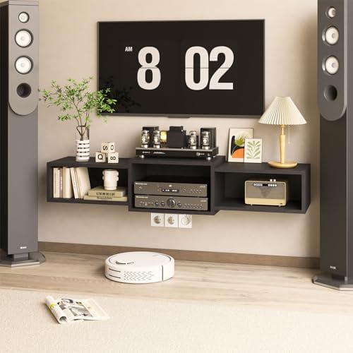 IBUYKE Floating TV Stand Wall Mounted with Power Outlet,Modern Wood Wall Mounted Media Console Shelf,Floating Entertainment Center for Under TV Storage for Living Room Bedroom Office,Black WST001B- by IBUYKE