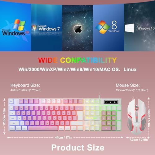 BlueFinger RGB Gaming Keyboard and Backlit Mouse Combo, USB Wired, LED Gaming Set for Laptop PC Computer Game and Work (White & Pink) - Image 7