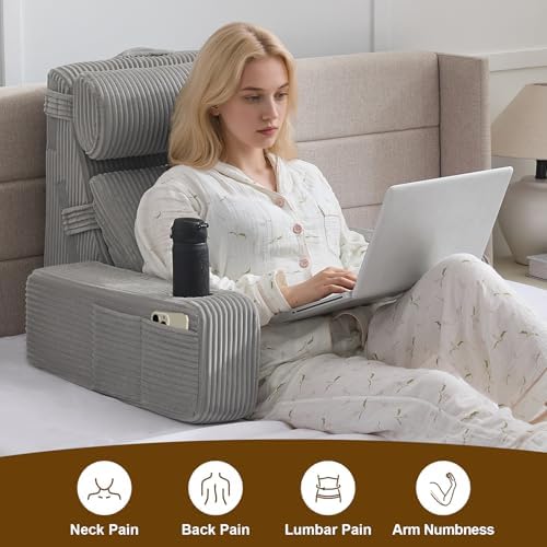 Reading Pillow for Sitting in Bed Adult, Back Pillow for Bed Sitting up with Arms, Pockets and Cup Holder, Sit Up Backrest Pillows for Beds Chair Support, Rest Pillow for Gaming - Image 5