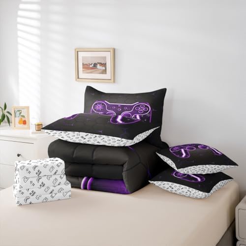 Feelyou Gamer Comforter Set with Sheets for Kids Boys Teens Game Controller Bed in a Bag Gaming Gifts 7 Piece Bedding Set Full Size for All Season,Purple Bed Set - Image 5