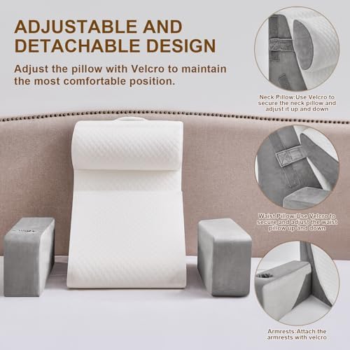 Reading Pillow for Sitting in Bed Adult, Back Pillow for Bed Sitting up with Arms, Pockets and Cup holder, Sit Up Backrest Pillows for Beds Chair Support, Rest Pillow for Gaming (Light gray, 5PCS) - Image 3