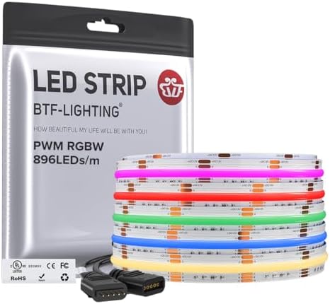 BTF-LIGHTING FCOB COB LED Strip Light,UL Listed RGBW 3000K 896LED/m High Density LED Tape Light,16.4FT DC12V 12mm Width Color Changing Light for Bedroom Home Indoor DIY Decor(No Adapter or Controller) by BTF-LIGHTING
