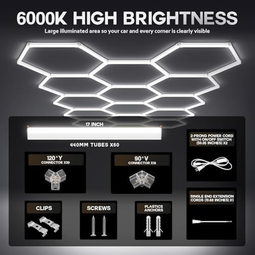 31Lights LED Hexagon Honeycomb Lights,7-Hex Honeycomb Lights 48800Lumens Hexagon DIY Super Bright Car Detailing Ceiling 488W LED Shop Light for Warehouse Workshop Gym Basement - Image 4