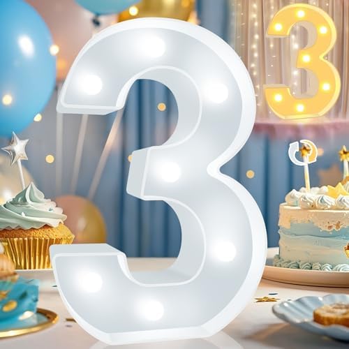 Pooqla LED Light Up Numbers, Warm White and Cool White Decorative Lighted Marquee Numbers, Light Up Numbers for Boys Girls Party, Wedding, Bar, Night Light, Room Decor, Birthday Decoration, Number 3 by Pooqla
