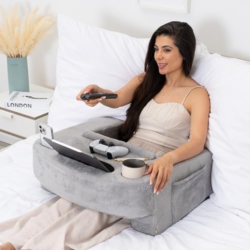 Reading Pillow for Gaming – Extra Large Lap Desk & Arm Rest with Cup & Phone Holder, Adjustable Heights, Laptop Support, Large Pockets – Comfortable for Work, Gaming & Crocheting (Furry Grey) by TabCouchCaddy
