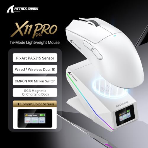 ATTACK SHARK X11 PRO V2 Wireless Gaming Mouse with Charging Dock-White/Tape - Image 2