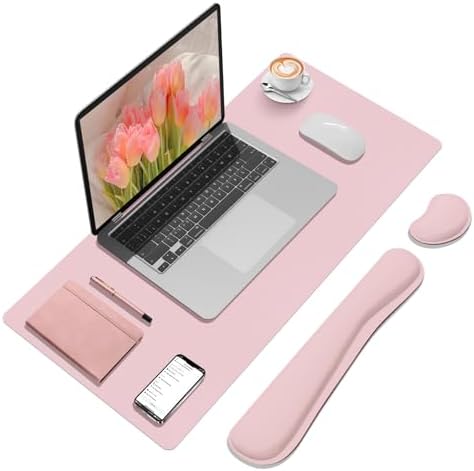 Desk Mat Set， Wrist Rest for Computer Keyboard, 3-in-1 Large Mouse Pad and Keyboard Wrist Rest Set, Non-Slip Desk Mat Protector for Office, Home(27.5×13.8 Inches, Pink) by FreeNook